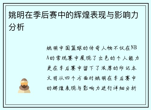姚明在季后赛中的辉煌表现与影响力分析