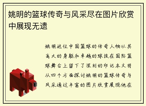 姚明的篮球传奇与风采尽在图片欣赏中展现无遗