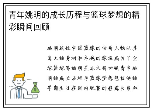 青年姚明的成长历程与篮球梦想的精彩瞬间回顾